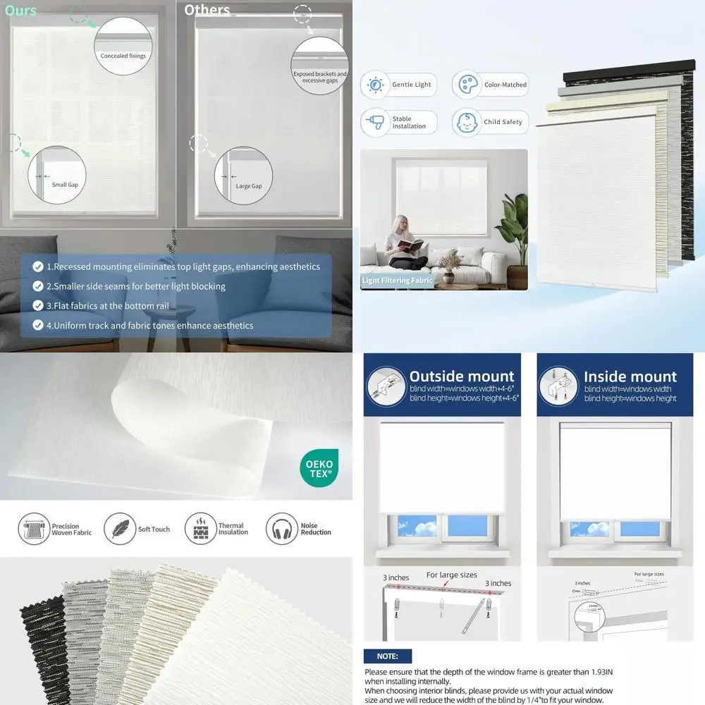 ม่านม้วนกรองแสงไร้สาย ขนาด 46 นิ้ว กว้าง x 72 นิ้ว สูง - ม่านแบบมีฉนวนสไตล์ผ้าลินินทันสมัยสำหรับบ้านและสำนักงาน (สีขาว)