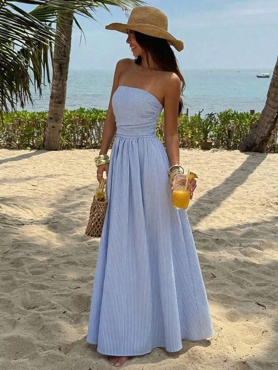 Womens Striped Pleated Strapless Maxi Dress Summer Casual Beach Sundress