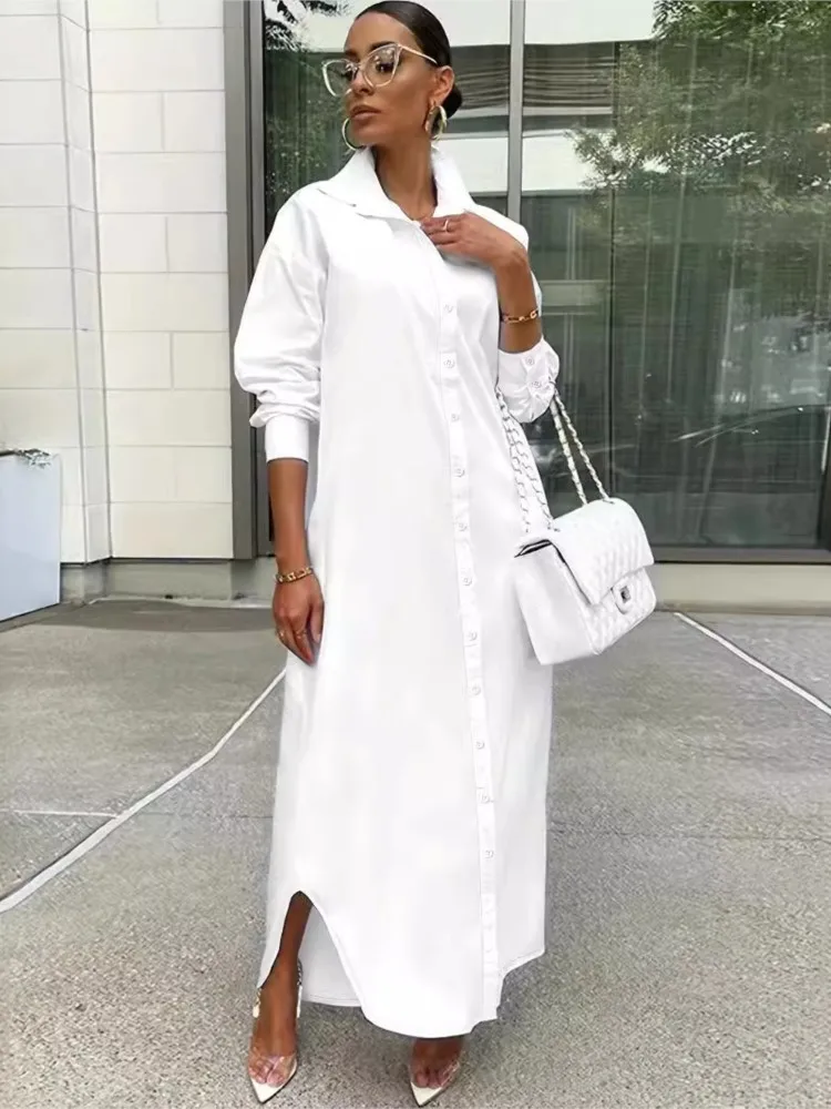 

Women's Basic Loose Shirt Dress Autumn Fashion Solid Color Lapel Long Sleeved Long Skirt Ladies White Irregular Maxi Vestidos