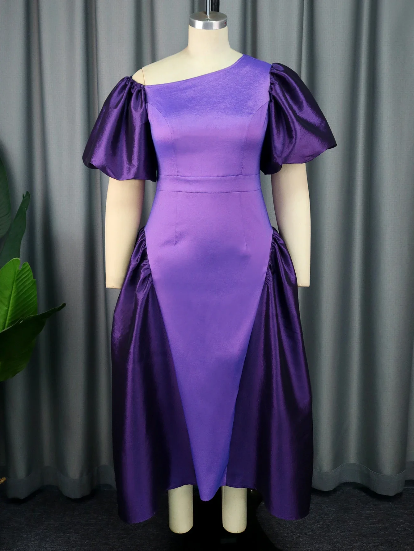 AOMEI Purple Long Dress A Line Off Shoulder Short Puff Sleeve Color Block Evening Cocktail Party Gowns Women 2024 New Occasion