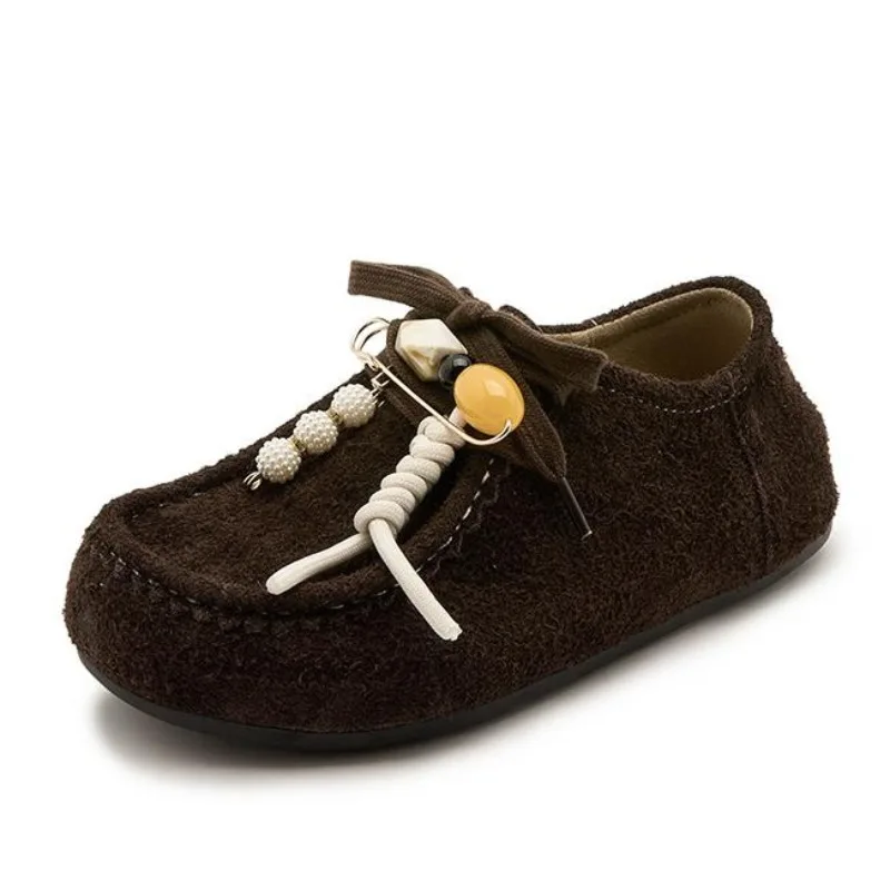 

Женская модная замшевая обувь на плоской подошве со шнуровкой и кисточками и бусинами, весенняя повседневная обувь, женская однотонная обувь в стиле Харадзюку с круглым носком