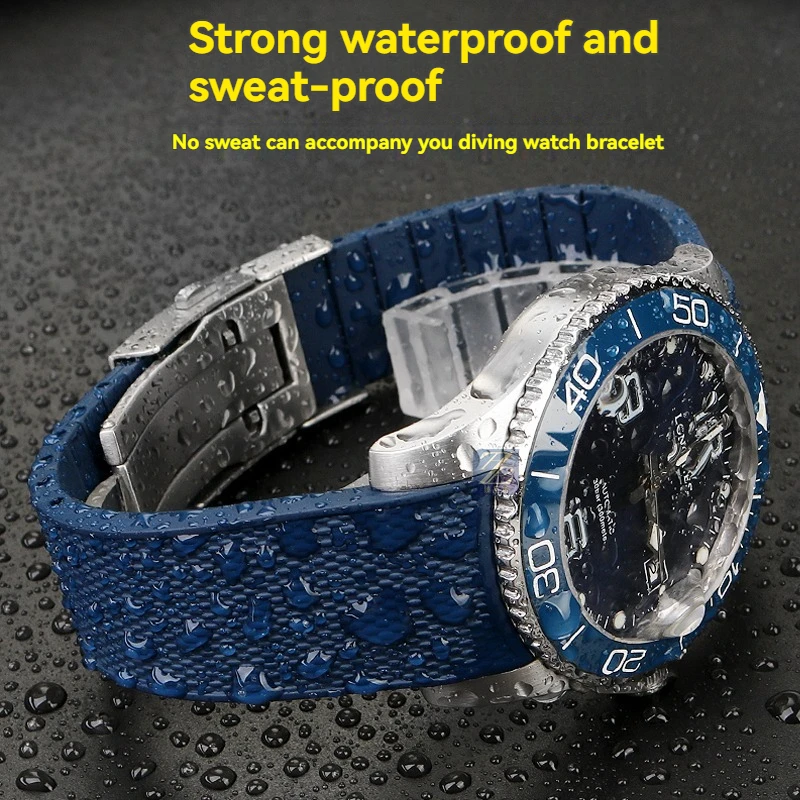 For Longines HydroConquest L3.781/642/742/782 21mm Blue Silicone Dive Watch Band - Curved End Rubber Strap Replacement