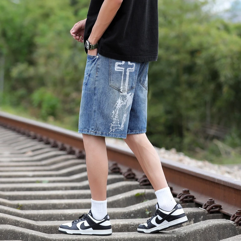 Men's Fashion Loose Embroidered Denim Shorts 2026 New Arrival 5-Point Casual Streetwear Shorts