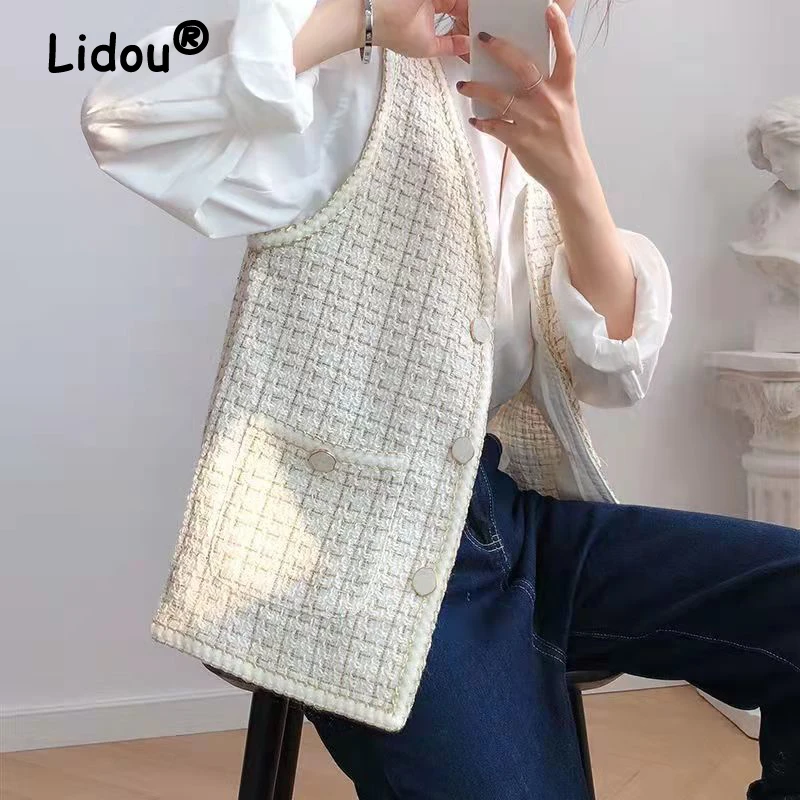 Korean Elegant Fashion New Tweed Vintage Pocket Coats Women Jacket Sleeveless V Neck Casual Vests Button Waistcoat Y2K Clothing