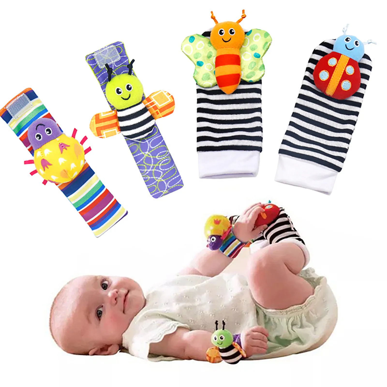 

4Pcs/Set Cute Newborn Baby Animal Socks Toys Wrist Rattles And Babies Foot Finder Socks