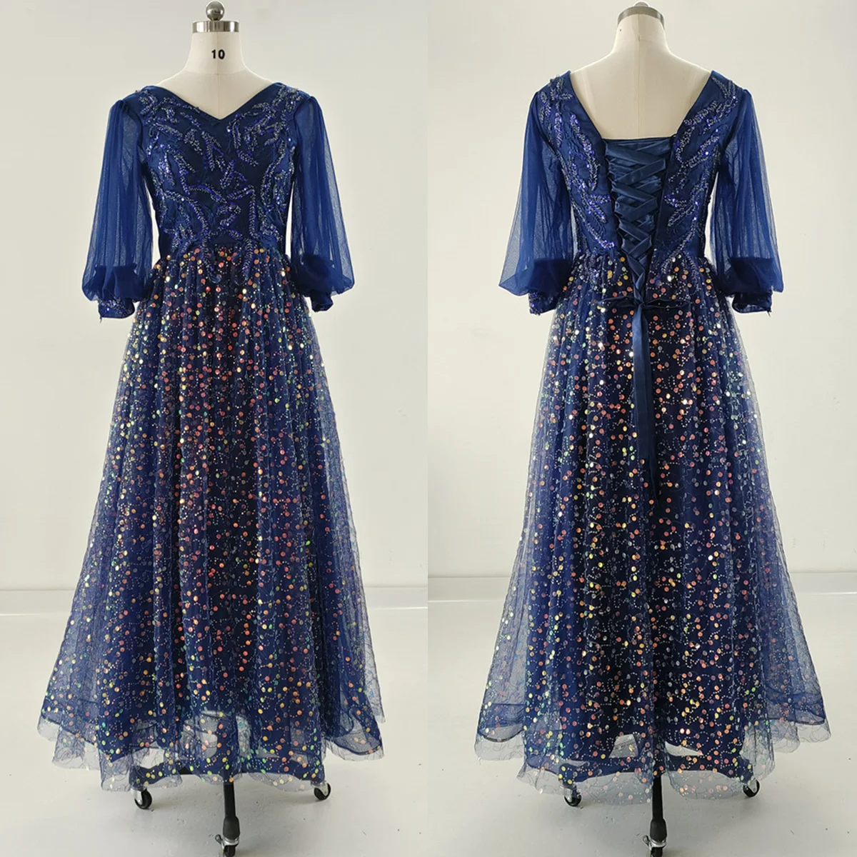 

Real Photo Evening Dresses Navy Blue Tulle Appliques V-Neck A-Line Pleat Floor-Length Plus size Woman Formal Party Gowns A1279