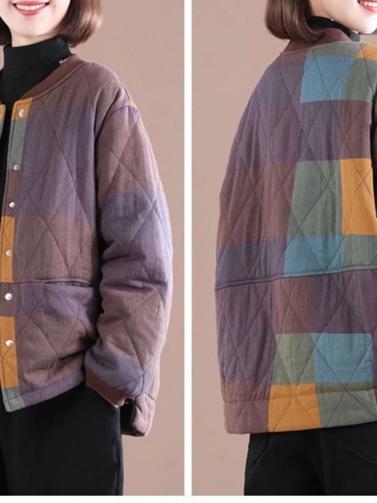 

Autumn Winter Casual Loose Women's Cotton Jaet Coat Warm Plaid Faionable Top Mom Clothes Korean Sle Thiened Long Sve