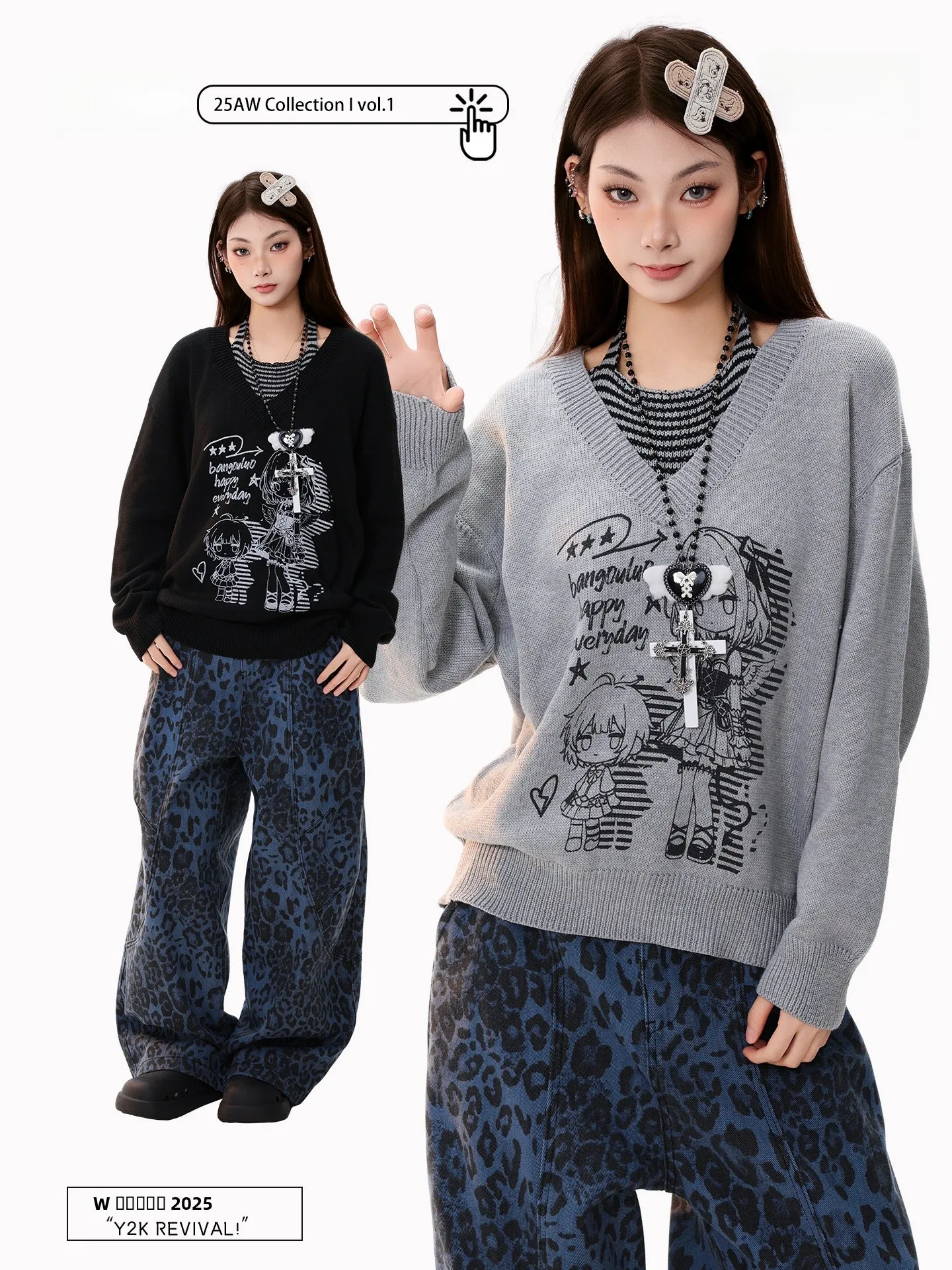 

PBB Street Sle Knitted Sweater Women's Warmth Cartoon Print Long Sve V-Ne Top Street Faion Loose Fit Fake Two-Piece