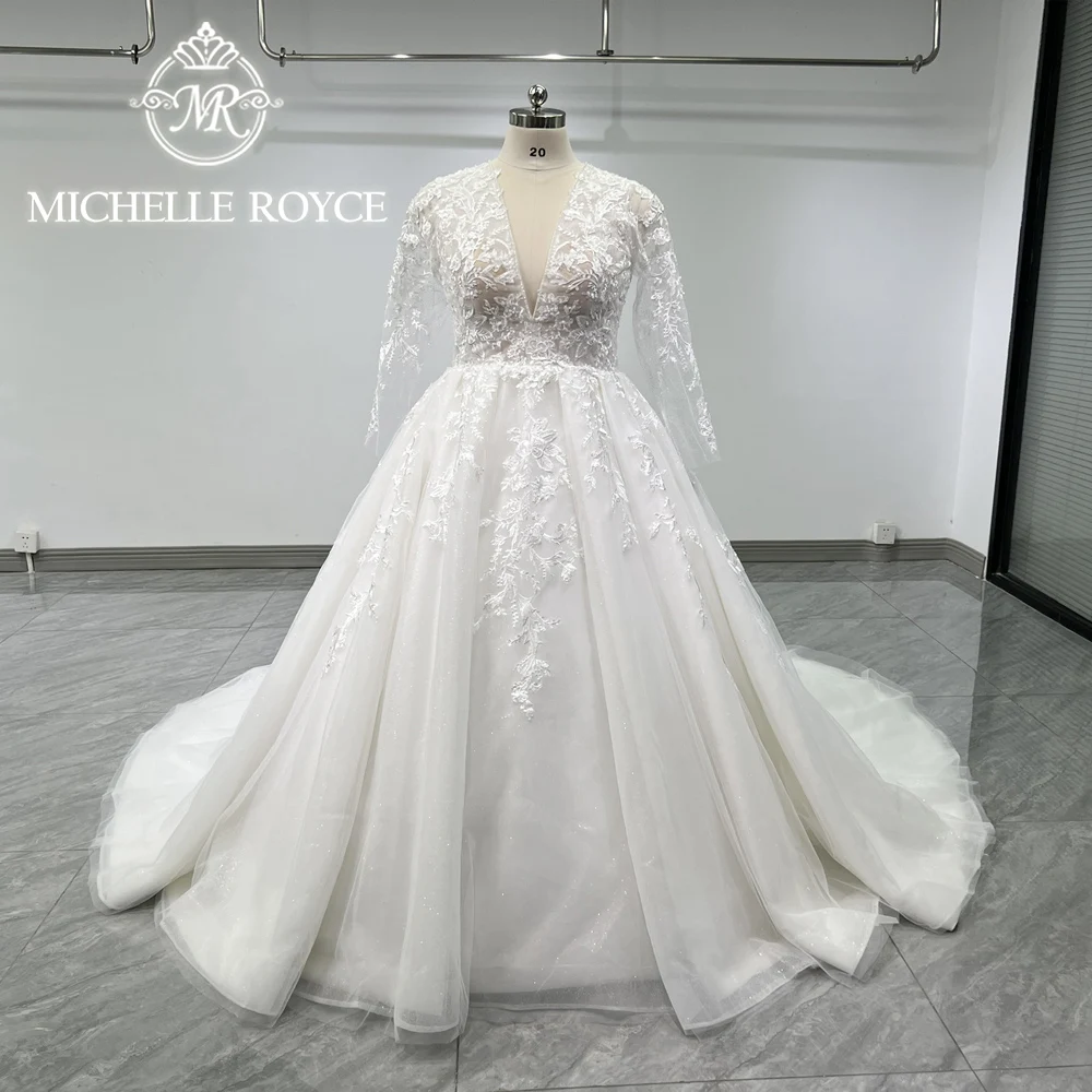 

Michelle Royce Long Sleeve Wedding Dress 2024 Sexy V-Neck Real Work Sparkling Charming A-Line Wedding Gown Vestidos De Novia