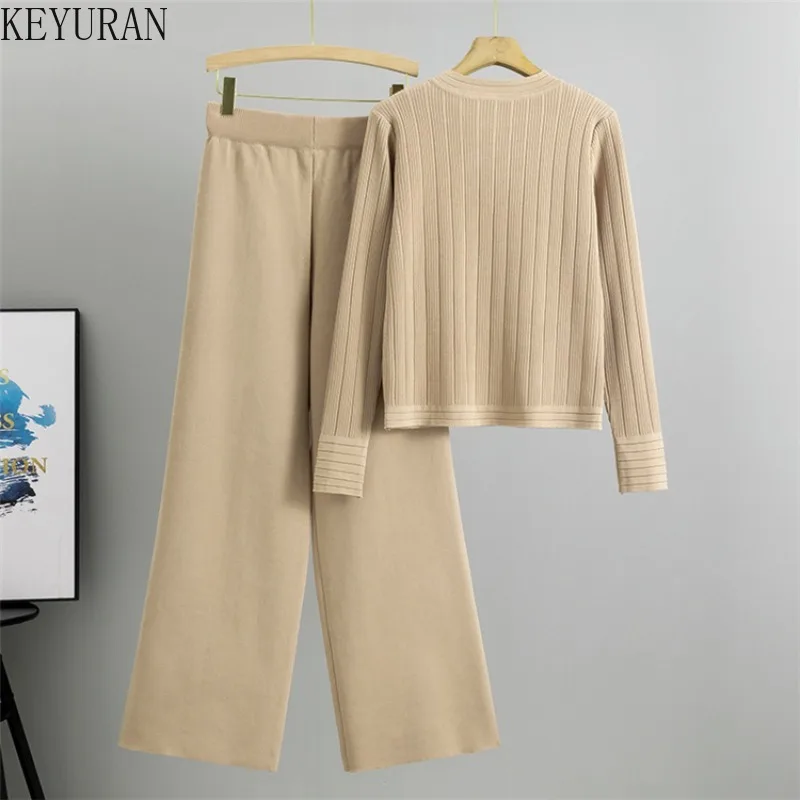 2024 New Casual Sports Knitted Two Piece Sets Women O-Neck long sleeve Single Breasted Cardigan sweater + Wide Leg Pants Suits