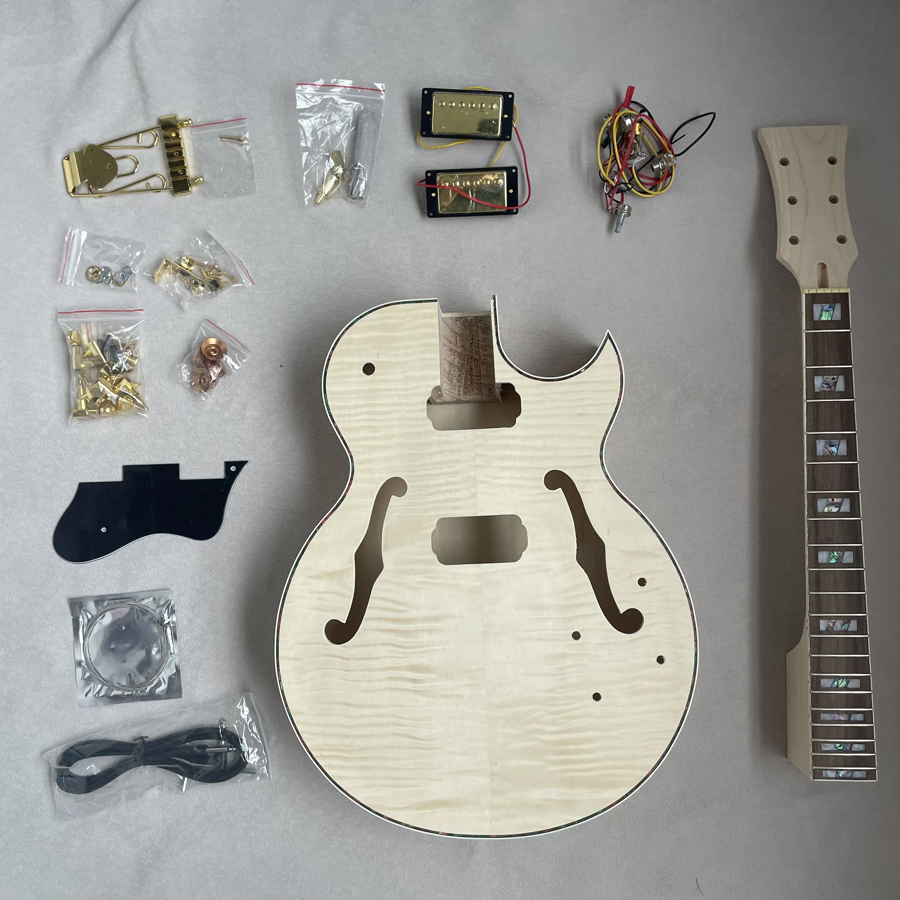

Набор для сборки электрогитары DIY Archtop с F-образными отверстиями, модель 335 Jazz, полый корпус, с золотистой фурнитурой, кленовый шпон, для музыкантов