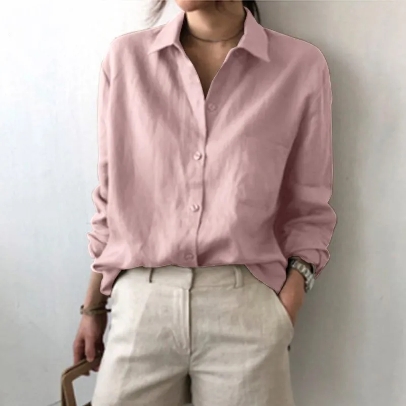 Women's Long-Sleeved Collared Button Comfortable Casual Blouse Spring Office Cotton-Linen  POLO Shirt