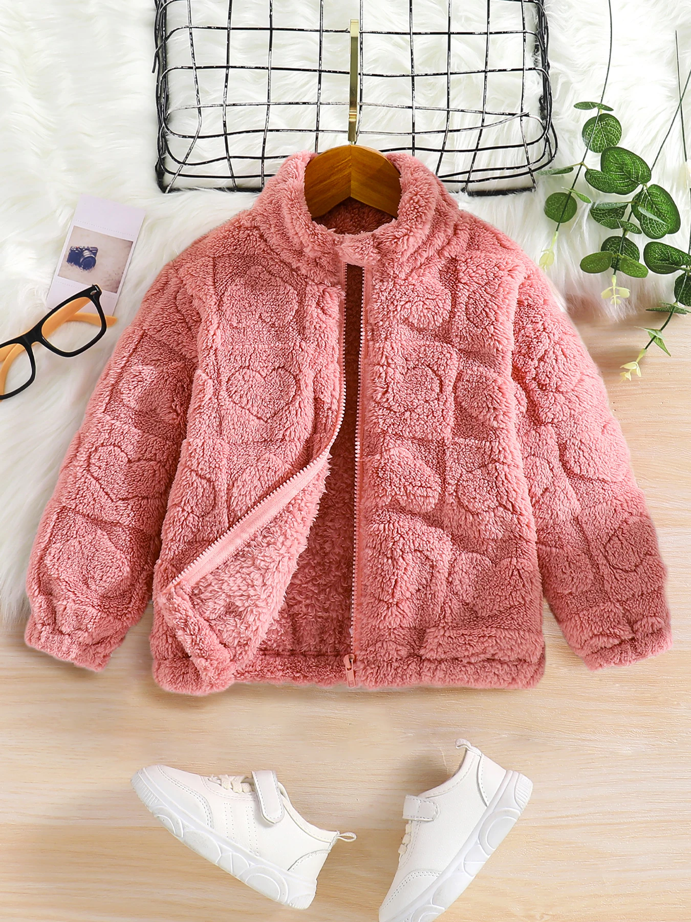 Girls\' and Children\'s 4-7Y Autumn Fashion High Collar Flip Velvet Coat - Pink Comfortable Loose