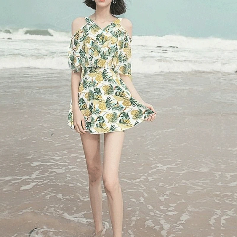 2023 Korean Summer Conservative Contrasting Colors Elegant Hawaiian Swimwear Women's Off Shoulder Beach Bath Clothing