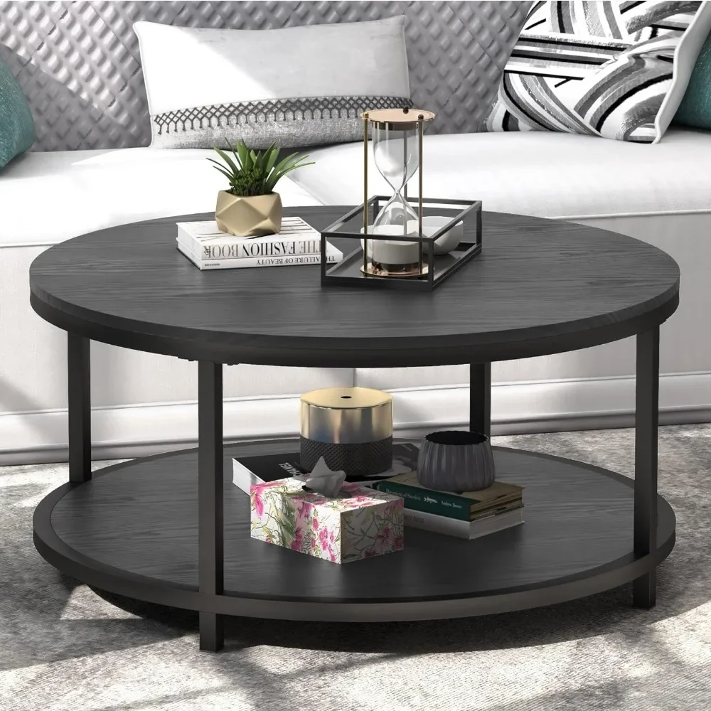 

Simple industrial 35.8-inch circular coffee table with storage rack and sturdy metal legs, black, easy to assemble