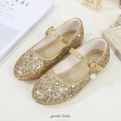 Frozen Elsa Princess Shoes Round Toe Sequin Beads Flat Gold Silvers Shining Casual Shoes Europe Size 23-38