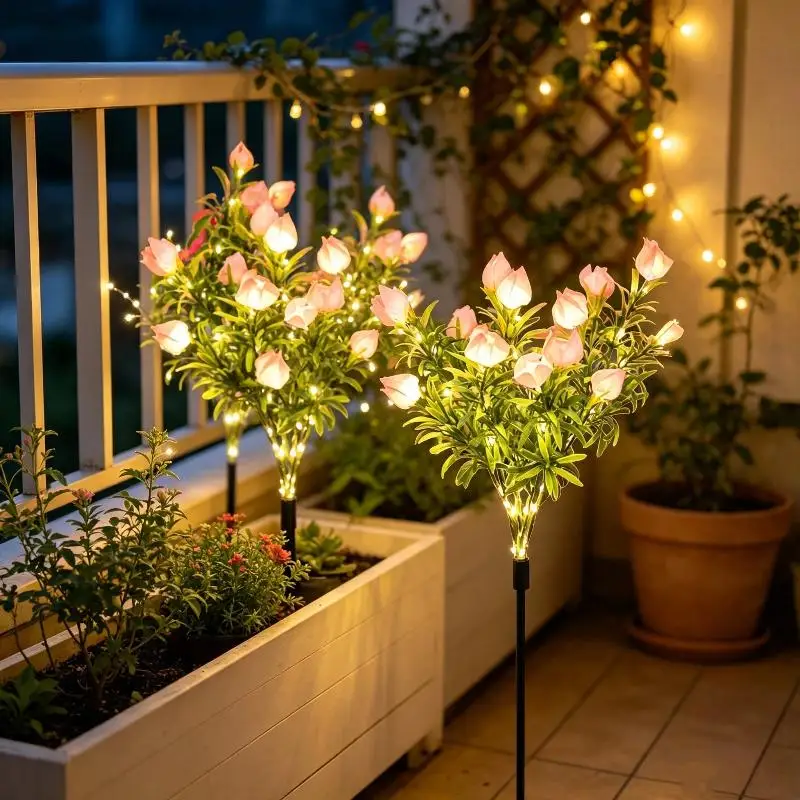 1Pcs Solar Powered Pink Flower Garden Stake Lights With High Brightness LED Beads Perfect For Patio Yard Lawn Outdoor Decoratio
