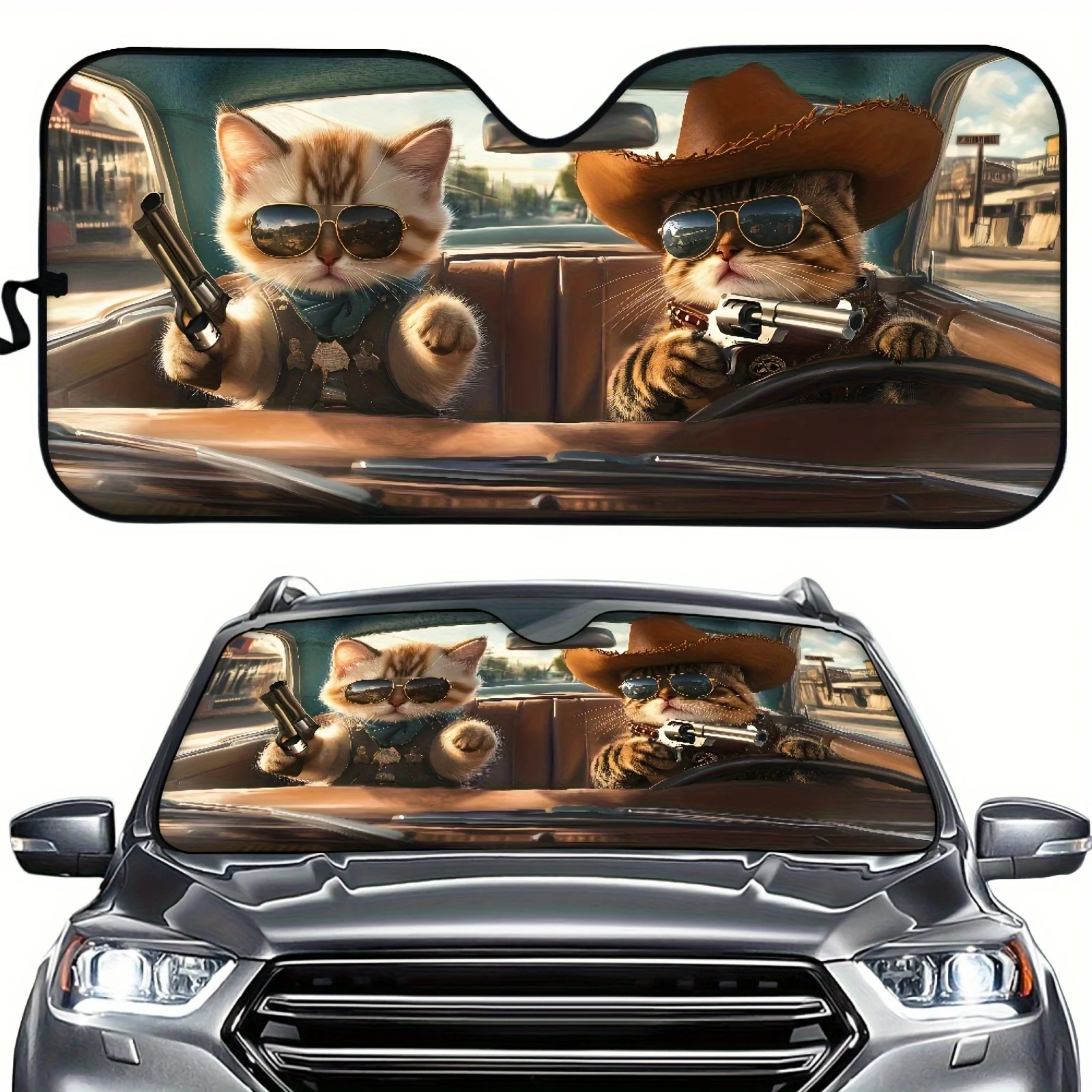 

1pc Funny Cowboy Cat Print Car Sunshade - UV Protection Windshield Cover With Cool Fashion Glasses & Clothing Design, Fits Most