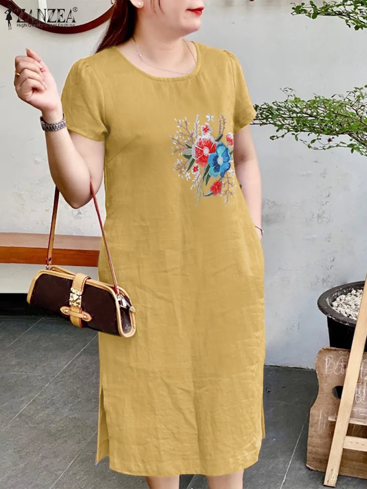 

2024 Summer Short Sleeve Embroidery Midi Dress ZANZEA Women Casual O Neck Floral Work Sundress Beach Vestidos Holiday Midi Robe