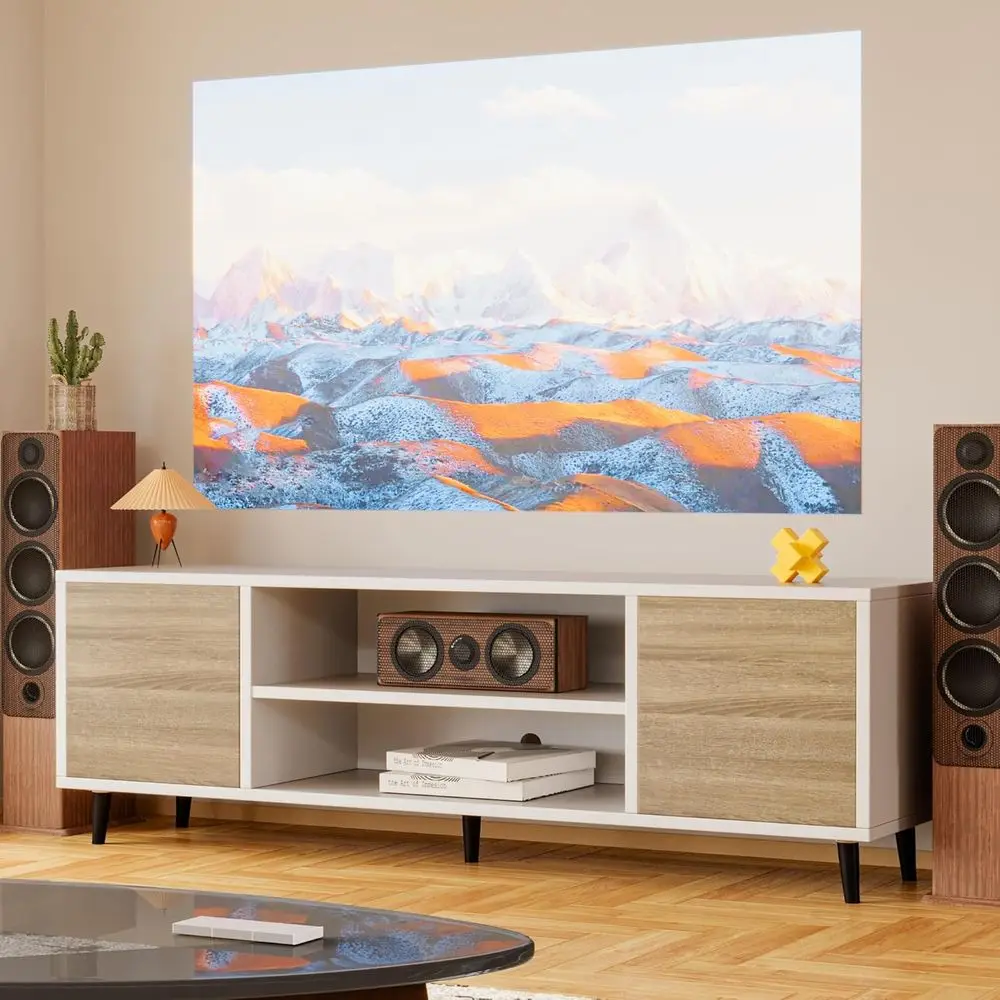 65 Modern TV Stand with Storage Cabinet for Living Room, Minimalist White Retro Style