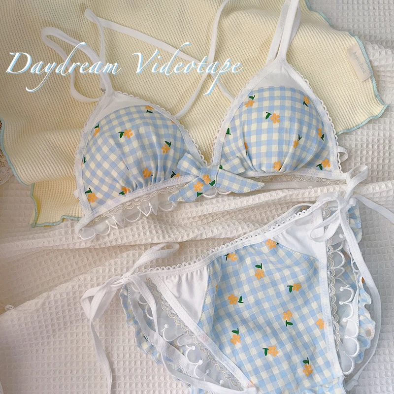 Checkered Floral Lingerie Set with Small Chest Gathering, Anti-Sagging, Uplifting, And Side Breast Support. Thin, Girly Bra Set. - view 6