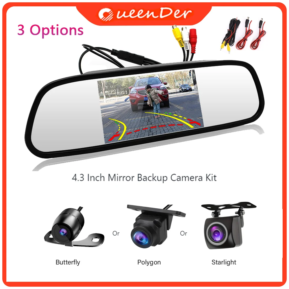 QueenDer 4.3-inch Car Rearview Mirror Parking & Parking System with HD Waterproof Night Vision Camera, Easy Installation