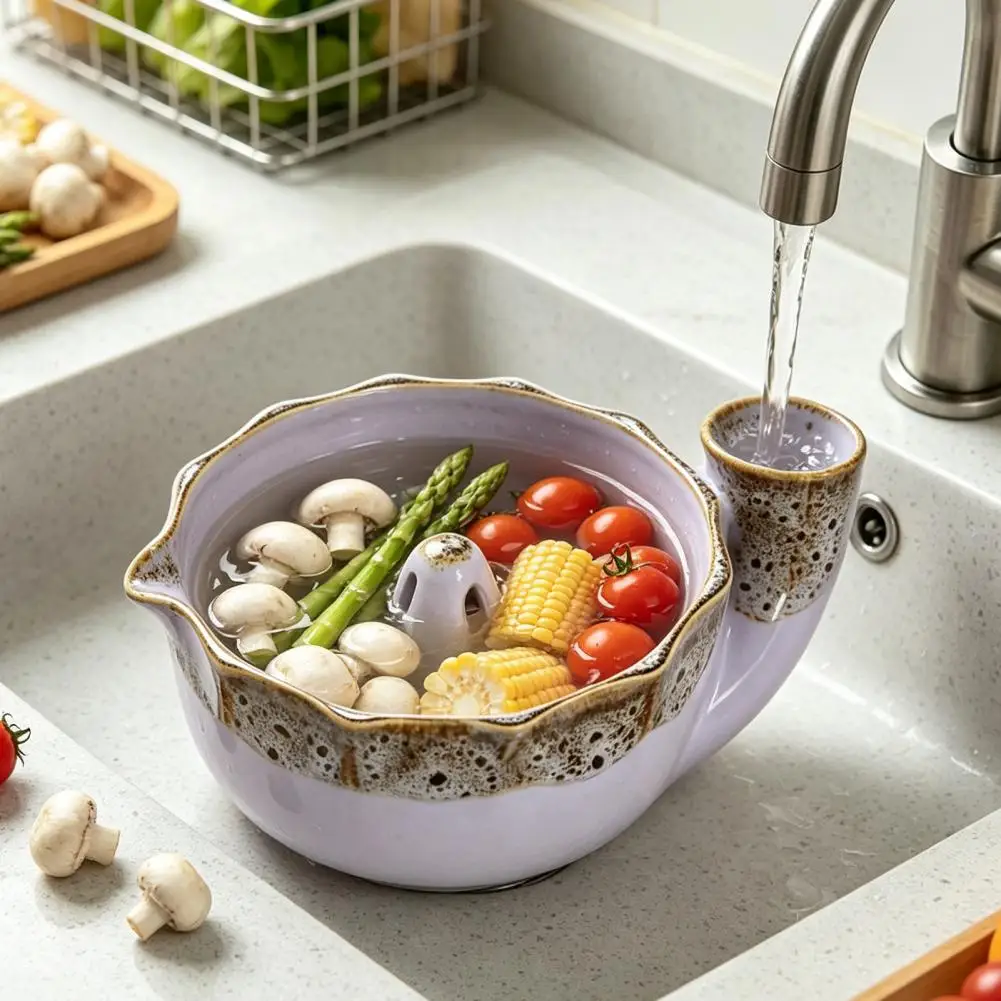Vegetable Drainer Basin Ceramic Berry Bowl with Strainer Holes Self-spinning Vortex Fruit Washer 360° Automatic for Fruits