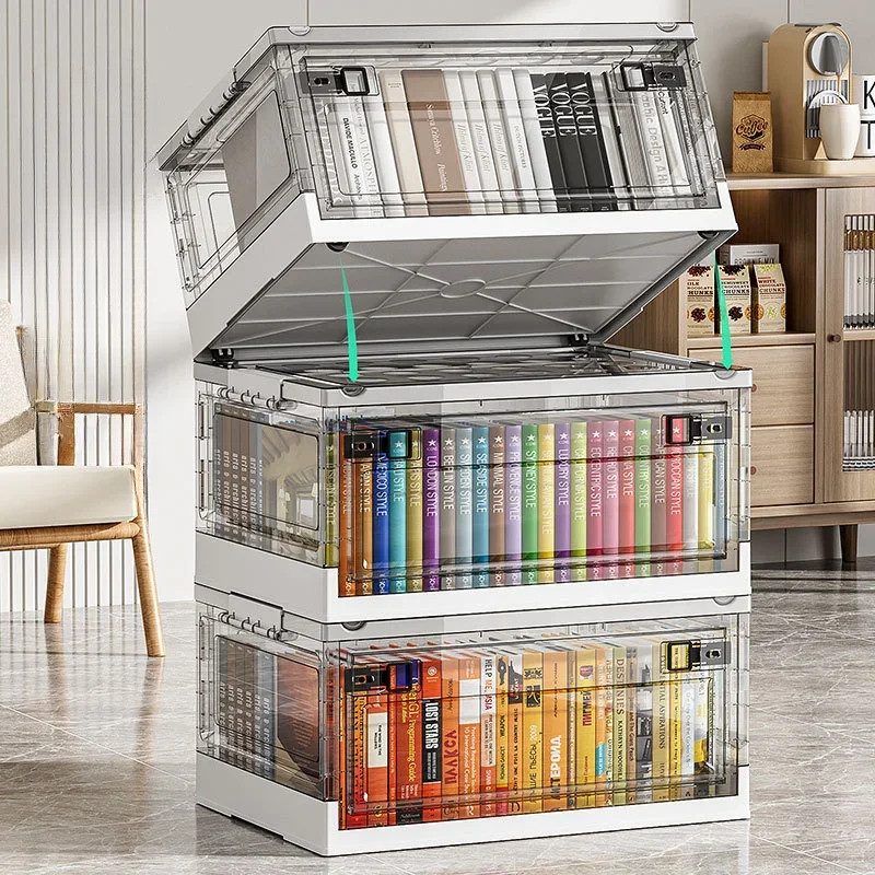 Large Transparent Folding Storage Box with Pulley Clothes Toy Book Organizer Box Thickening Folding Storage Cabinet