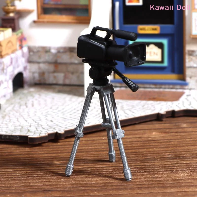 1:12 Scale Dolls House Mini Video Camera Tripod Model Photography Scene Layout Props Dollhouse Decor Ornament Pretend Play Toys