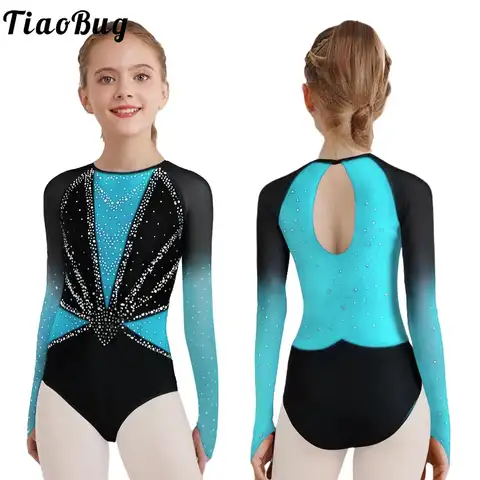 Kids Girls Gymnastic Leotard Shiny Rhinestones Long Sleeve Ballet Dance Unitards Figure Skating Workout Jumpsuits Performance