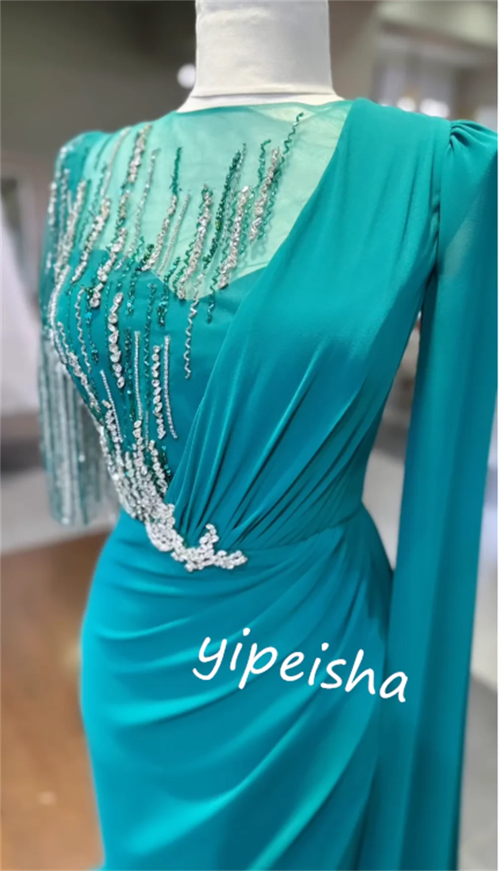 Customized Jersey Sequined Formal Evening A-line O-Neck Bespoke Occasion Gown Long Dresses