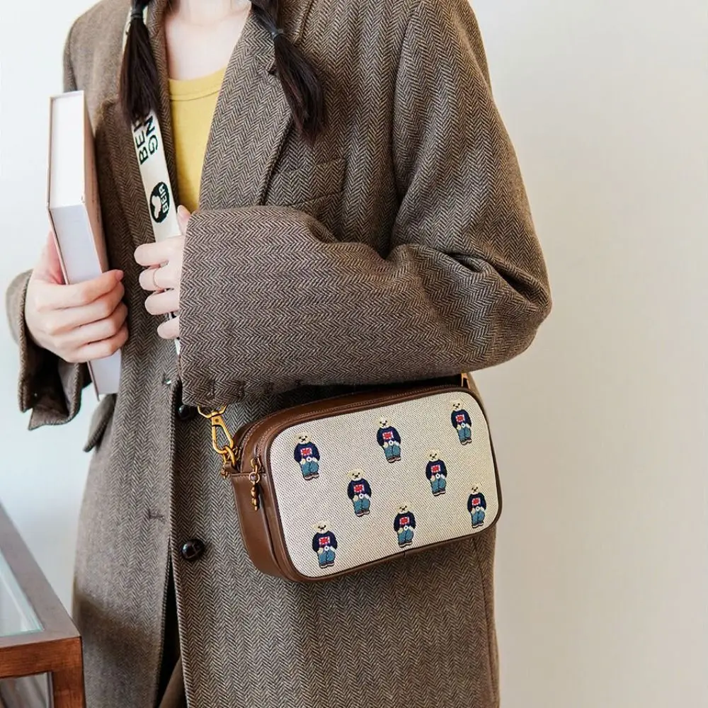 Cute Little Bear Embroidery Women Shoulder Bag PU Leather Square Crossbody Bag Zipper Large capacity Travel Phone Bag