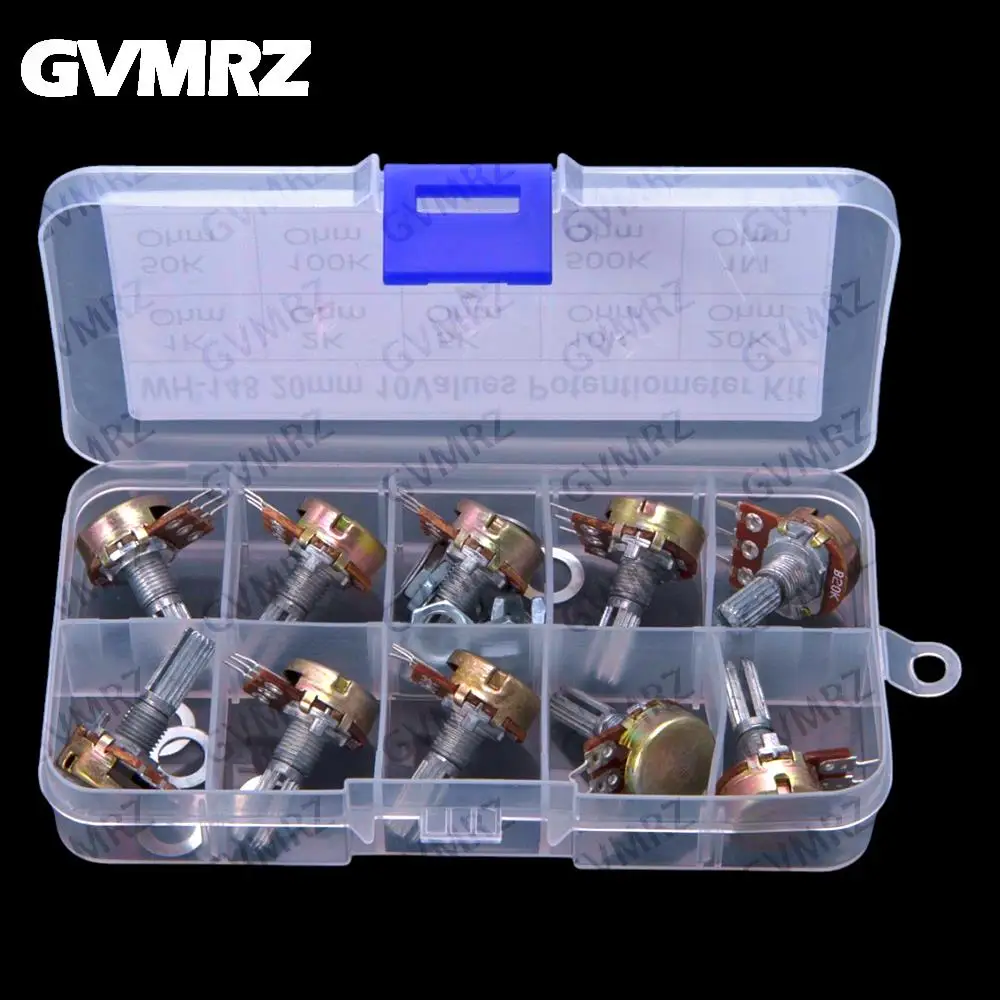 10Values WH148 Adjustable Potentiometer Single-Pole 3Pin 1K 2K 5K 10K 50K 100K 500K 1M Handle 20MM