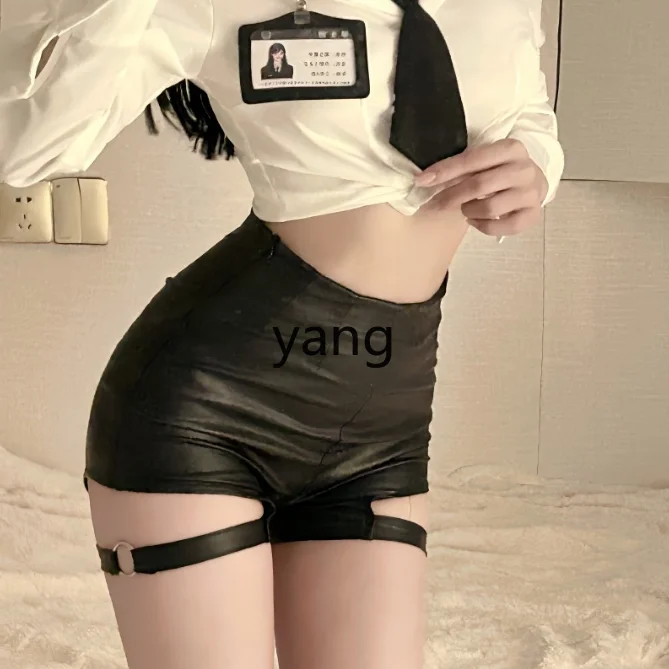 LMM iron ring hip-wrapped hot pants new hollow elastic leather pants shorts women