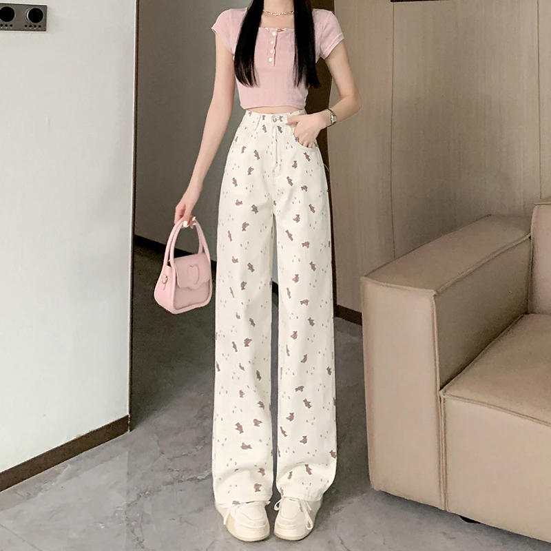 

Sweet and spicy bear print straight jeans female spring and fall new high-waisted loose thin versatile wide-leg pants