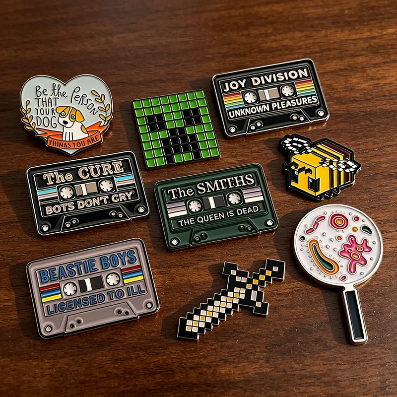 Retro Band Cassette Tape Enamel Pins Pixel Bee Sword Microscope Dog Heart Lapel Badge Gothic Music Brooch Backpack Jewelry Gift