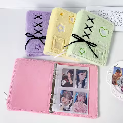 Plush K-pop Photo Album with Ballet Ribbon | 3-Inch Instant Photo 4-Grid Storage Album | Cute Star Card Collection for K-pop Fan