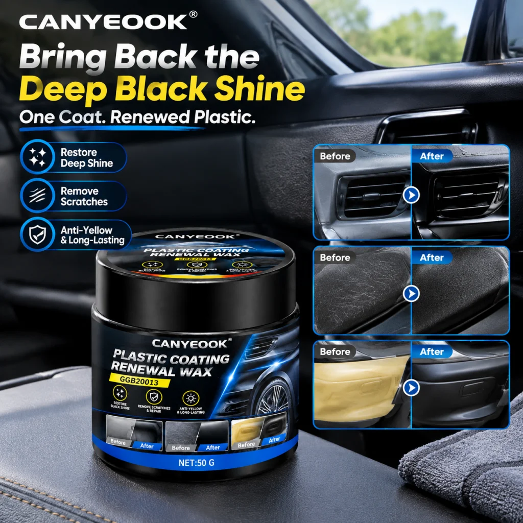 CANYEOOK Plastic Coating Restorer Wax 50g, Restore Black Shine, Fix Scratches on Car Trim Bumpers, Anti-Yellowing Protection