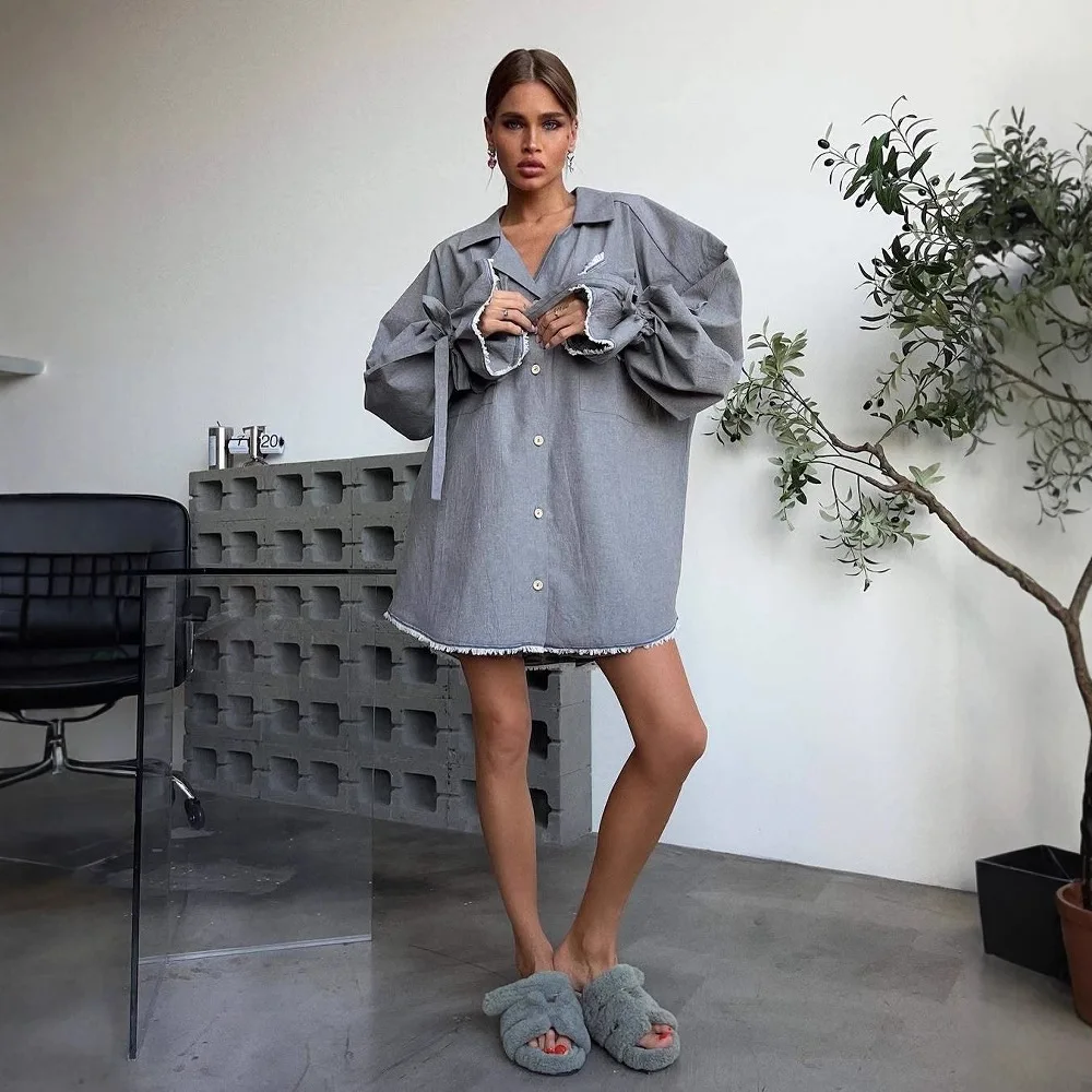 Oversize Women's Pajama Set Solid Ruffles Long Sleeve Spring Autumn Ladies Sleepwear 2 Pcs with Shorts Loose Homewear for Female
