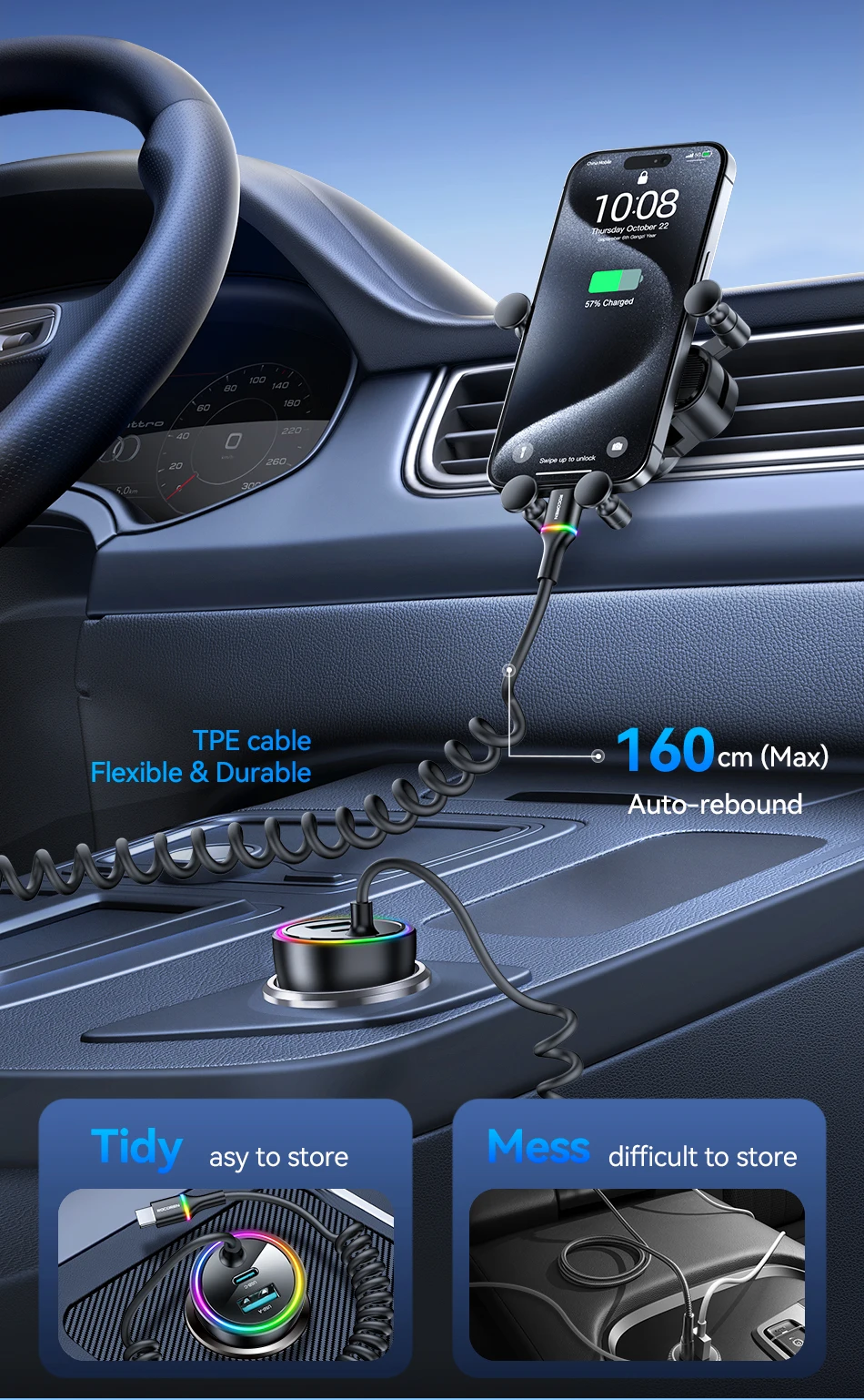 Rocoren 70W USB-Autoladegerät, schnelles Laden, PD 35W USB-C-Autoladegerät mit Federladekabel, Typ-C-Autoladegerät für iPhone Xiaomi – Detail 5