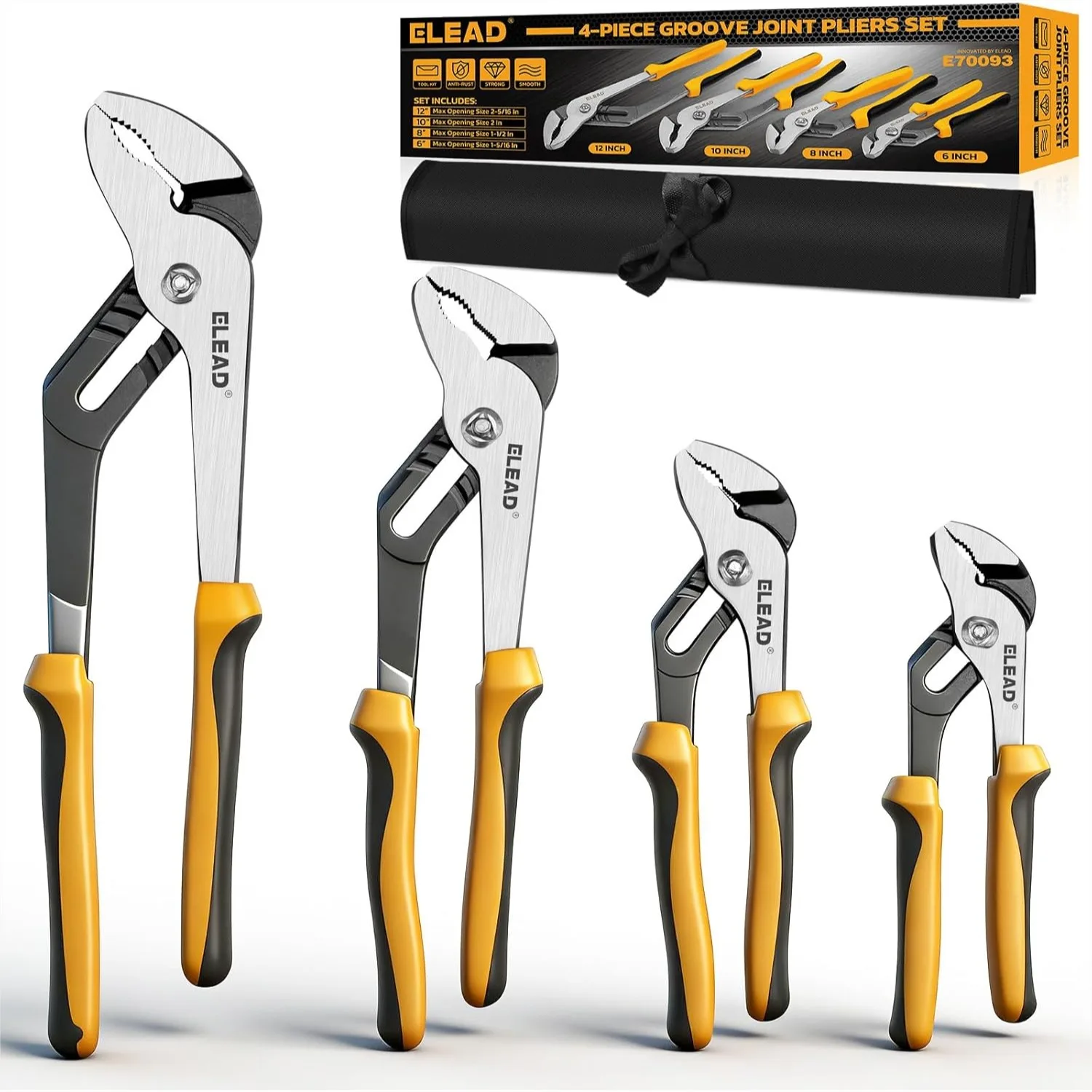 

4-Piece Groove Joint Pliers Set 12/10/8/6 Inch Adjustable Water Pump Pliers with Tool Roll Bag for Home Repair Gripping Nuts
