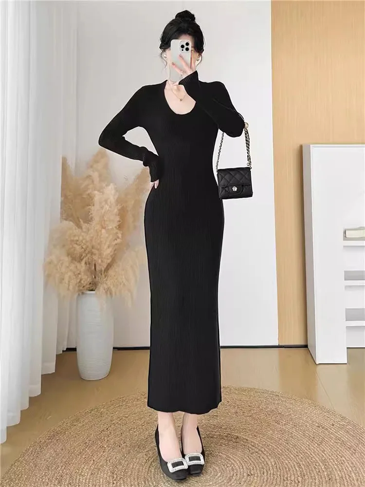 New Women Autumn Winter Basic Sweater Dress Fashion U-Neck Long Sleeve Elastic Slim Knitted Dress Elegant Casual Long Sweater