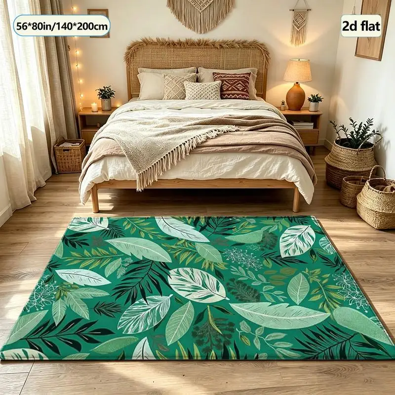Bright Tropical Green Jungle Leaf Pattern Carpet, Hawaiian Square Rug, Non-Slip and Washable, Suitable for Home Living Room Decoration