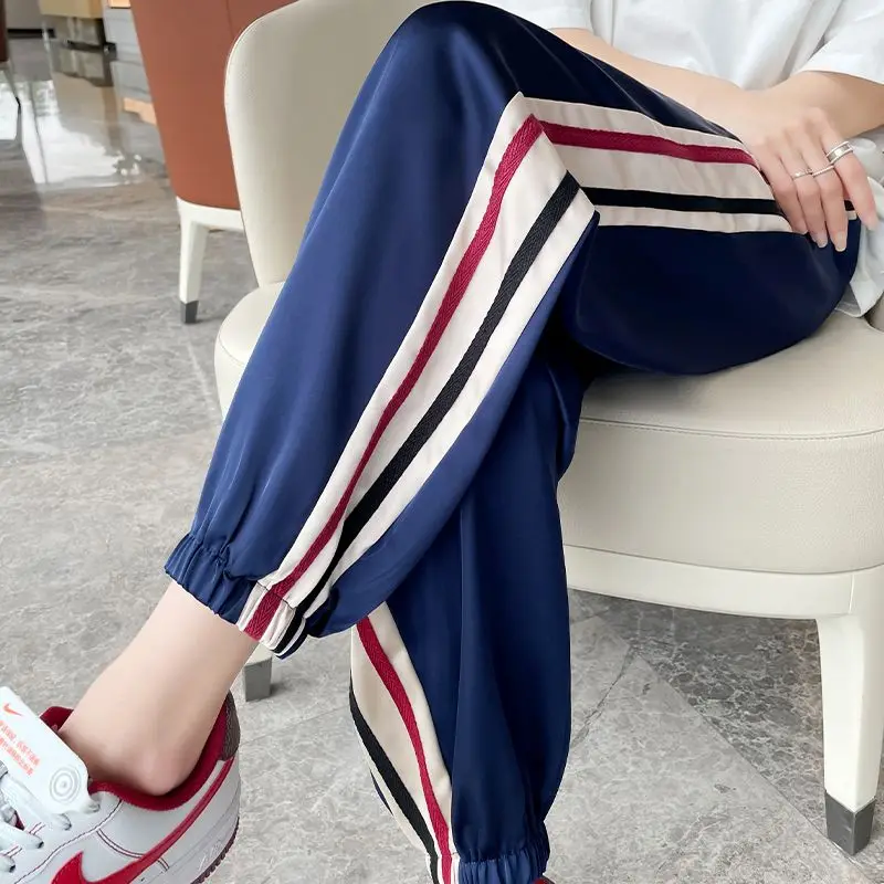 Streetwear Design Casual Ice Silk All-match Sports Pants for Women 2023 New Korean Women's Clothes Harem Tie Feet Trousers