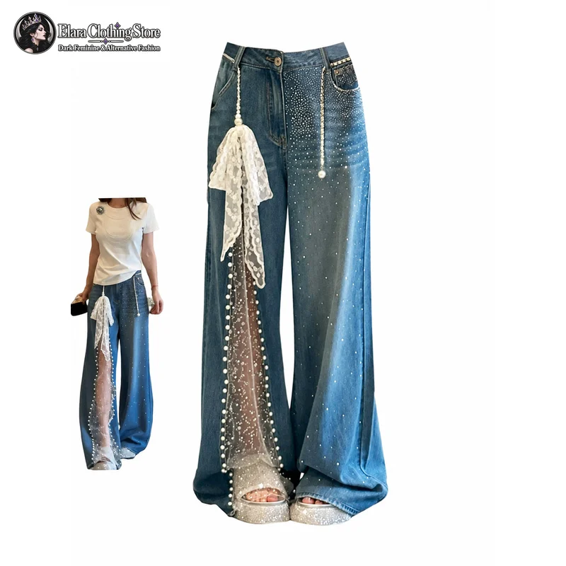 Y2K Korean Style Rhinestone Mesh Fabric Women's Jeans High Waisted Lace Trimmed Loose Spring/summer Wide Leg Pants Long Pants