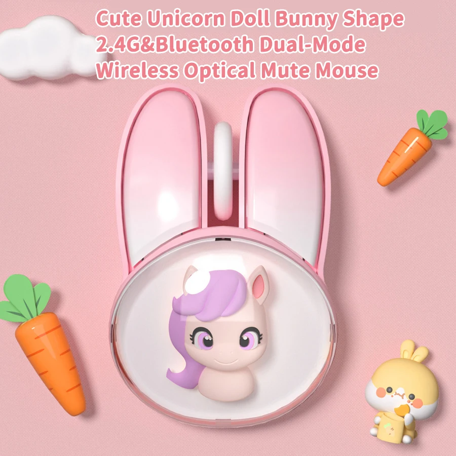 Cute Unicorn Doll Bunny Shape Mute Mouse 2.4G&Bluetooth Dual-Mode Wireless Optical Mice Laptop Desktop Universal For Girls Gifts