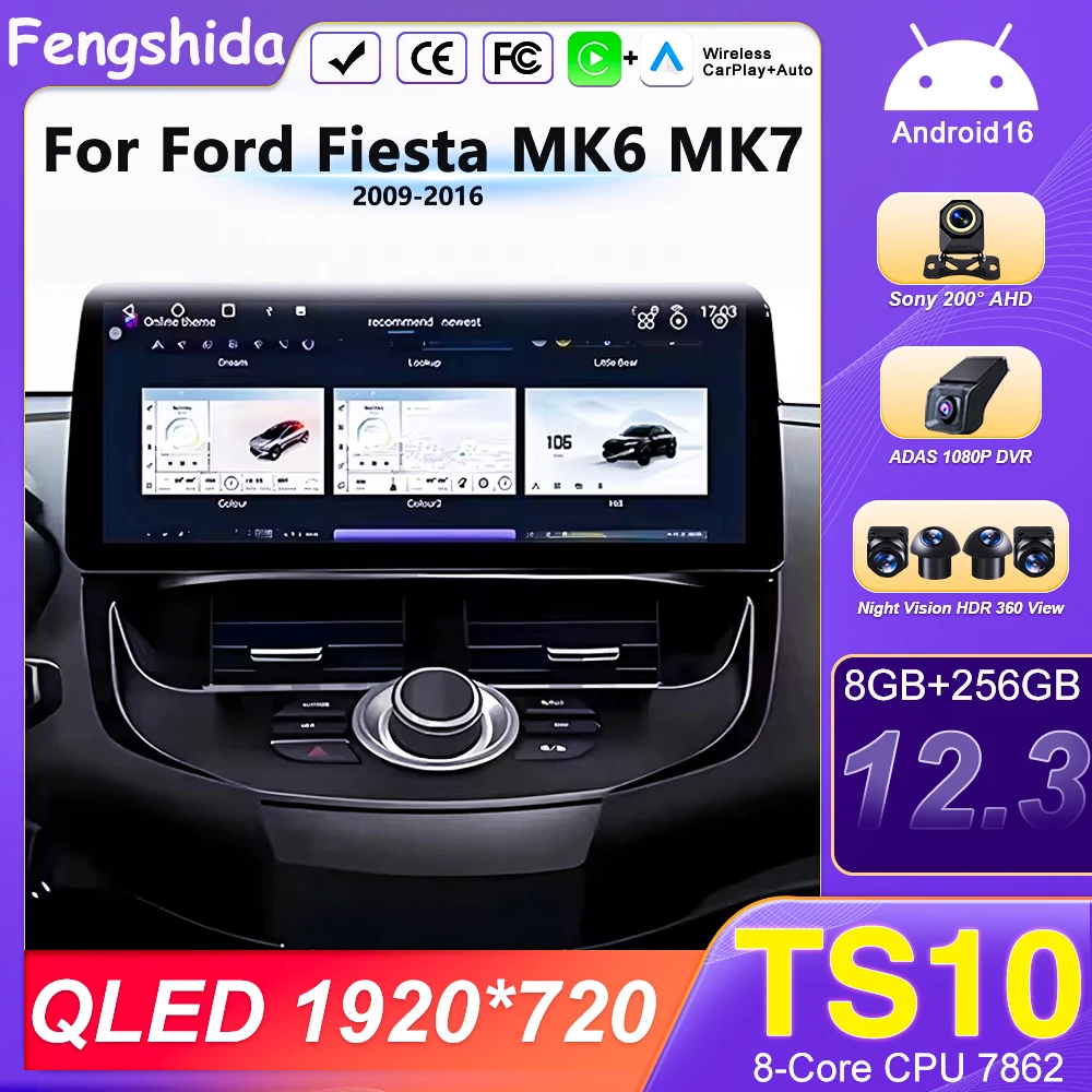 Radio para Auto Ford Fiesta MK6 MK7 2009-2016 12.3 pulgadas Navegación GPS Carplay Estéreo Android Auto Reproductor Multimedia DVD Bluetooth