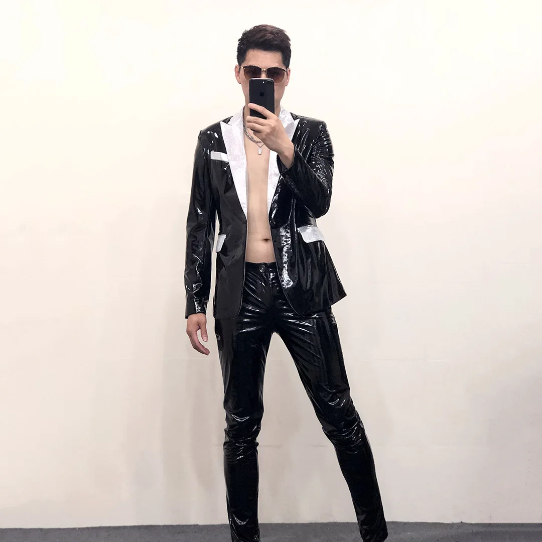 

High End Black Mirror Glossy Leather Silver Patchwork Collar Suit For Men's Nightclub Bar DJ Singer Stage Performance Clothing