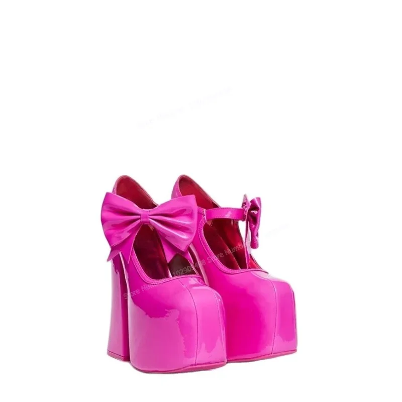 

Rose Red Patent Leather Pumps Bow Knot Decor Round Toe Shoes for Women Platform Chunky High Heels Shoes 2023 Zapatos Para Mujere