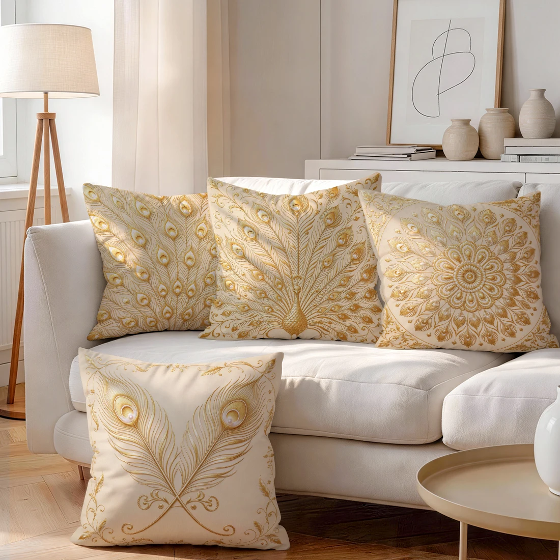 Golden Peacock Feathers Cushions Pillowcase Polyester Cushion Cover Throw Pillow Pillowcover Home Car Sofa Decor